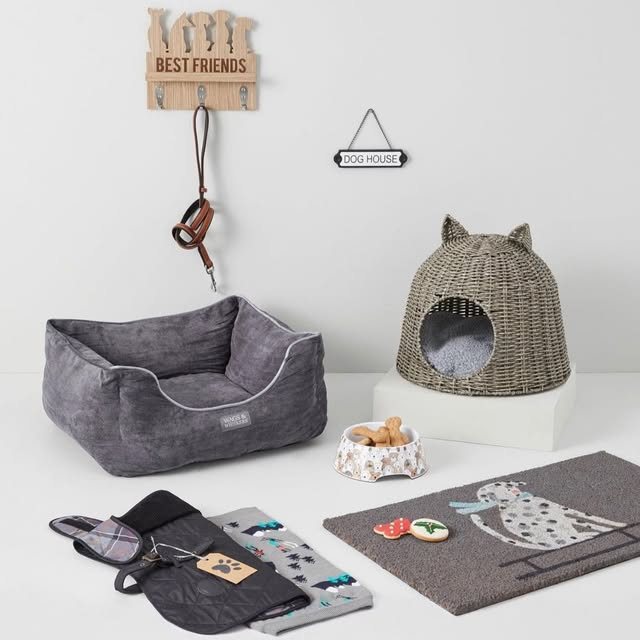 Pet range: grey suede bed, wicker cat house, feeding bowl, coat and doormat