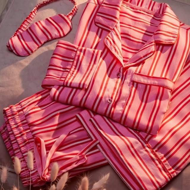 Pink and red striped satin pyjama set with matching eye mask
